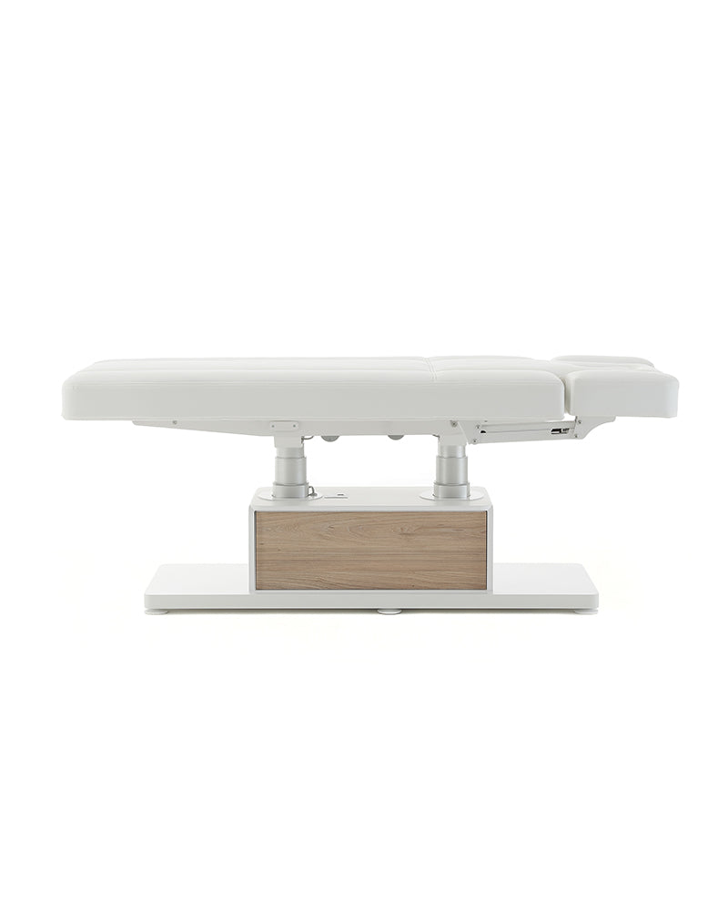 The Clair - White massage treatment table with oak pattern details - with motor - with adjustable armrests
